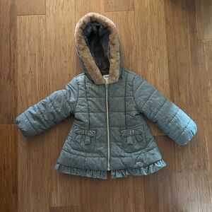 Girls baby toddler gray quilted hooded jacket with brown trim 24m